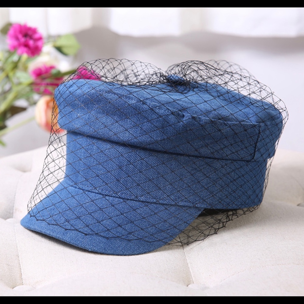 Quality Cotton Denim Navy Hat with black veil net contrast - Picture 3 of 6